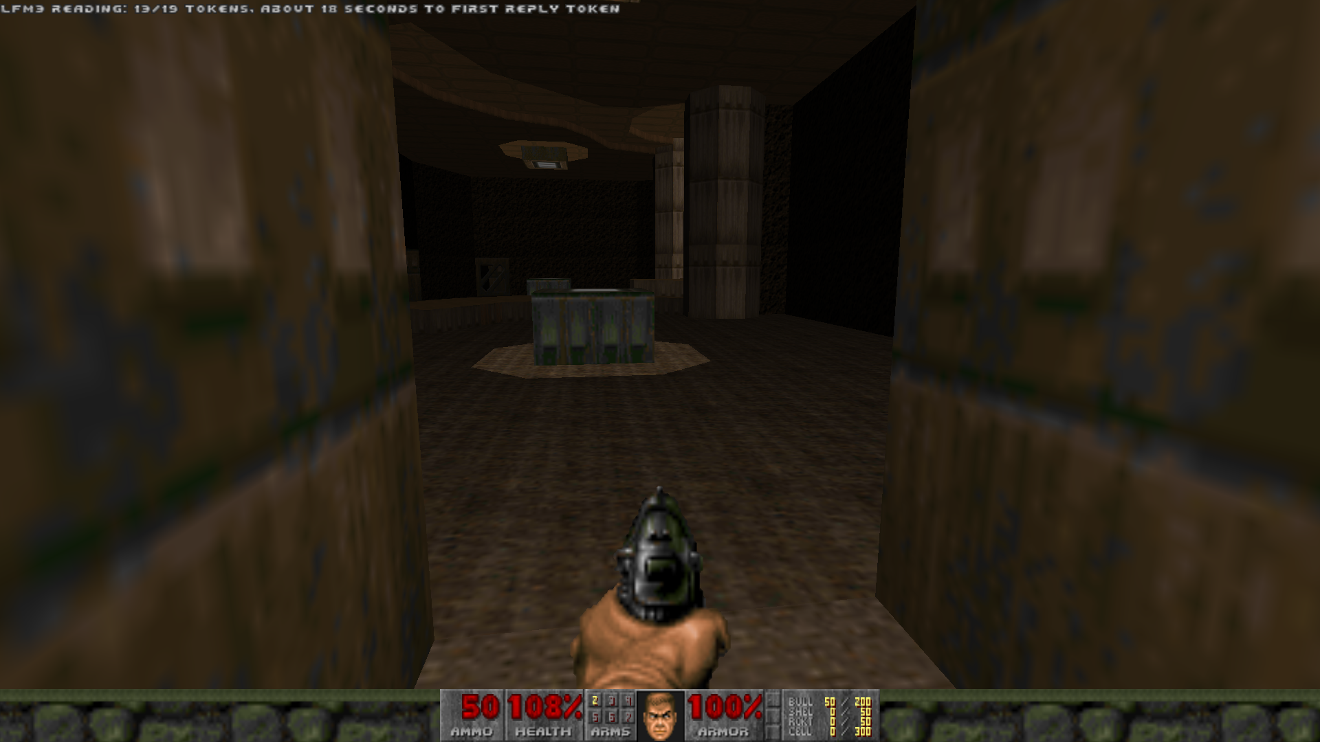GZDoom gameplay while LFM3 processes a console prompt, with the live token-progress message visible at the top